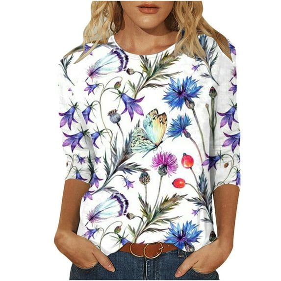 Womens Long Sleeve Knit Tops Round Neck Women's Casual Round Neck 3/4 Sleeve Printed Loose Shirt Blouse Tops Printed Pullover Sweatshirt Tops Stripe Button Blouse