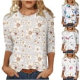 thumbnail image 1 of Womens Long Sleeve Knit Tops Round Neck Women's Casual Round Neck 3/4 Sleeve Printed Loose Shirt Blouse Tops Printed Pullover Sweatshirt Tops Stripe Button Blouse Summer Saving Clearance Pullover, 1 of 5