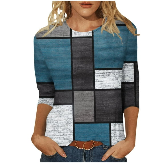 Womens Long Sleeve Knit Tops Round Neck Women's Casual Round Neck 3/4 Sleeve Printed Loose Shirt Blouse Tops Printed Pullover Sweatshirt Tops Stripe Button Blouse