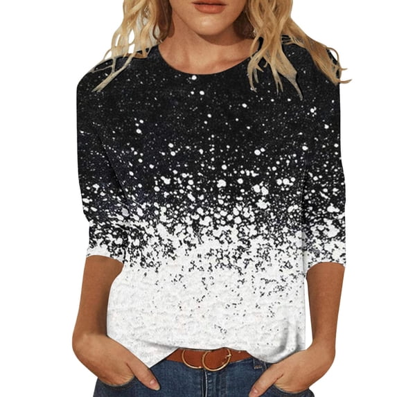 Womens Long Sleeve Knit Tops Round Neck Women's Casual Round Neck 3/4 Sleeve Printed Loose Shirt Blouse Tops Printed Pullover Sweatshirt Tops Stripe Button Blouse Summer Saving Clearance Pullover