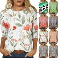 thumbnail image 1 of Womens Long Sleeve Knit Tops Round Neck Women's Fashion Casual Round Neck 3/4 Sleeve Printed Loose Shirt Blouse Tops Printed Long Sleeve Pullover Sweatshirt Tops Stripe Button Long Sleeve Pullover, 1 of 4