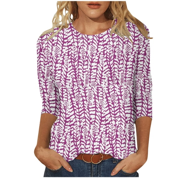 Womens Long Sleeve Knit Tops Round Neck Women's Fashion Casual Round Neck 3/4 Sleeve Printed Loose Shirt Blouse Tops Printed Long Sleeve Pullover Sweatshirt Tops Stripe Button Long Sleeve Pullover