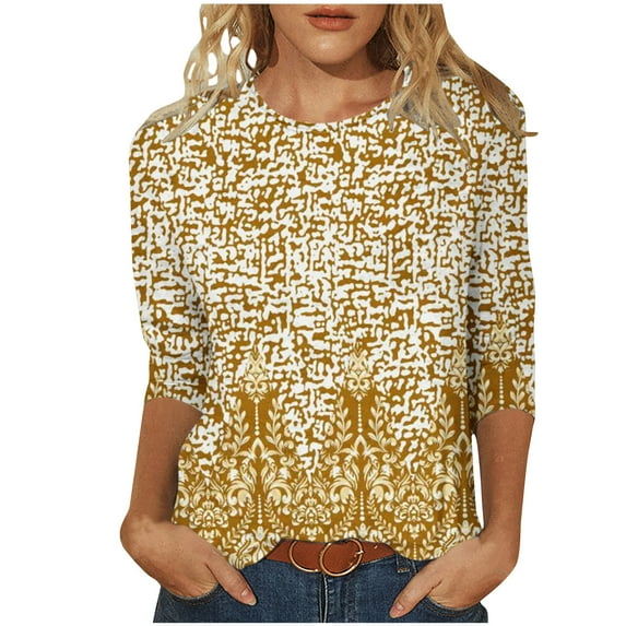 Womens Long Sleeve Knit Tops Round Neck Women's Fashion Casual Round Neck 3/4 Sleeve Printed Loose Shirt Blouse Tops Printed Long Sleeve Pullover Sweatshirt Tops Stripe Button Long Sleeve Pullover