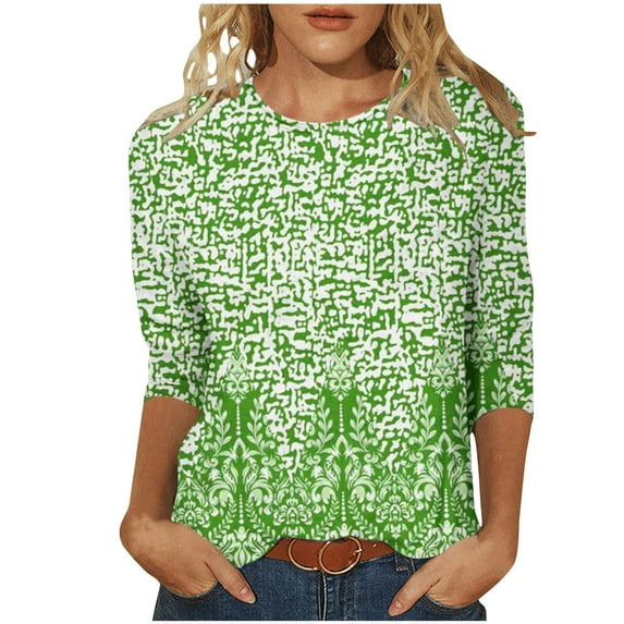 Womens Long Sleeve Knit Tops Round Neck Women's Fashion Casual Round Neck 3/4 Sleeve Printed Loose Shirt Blouse Tops Printed Long Sleeve Pullover Sweatshirt Tops Stripe Button Long Sleeve Pullover