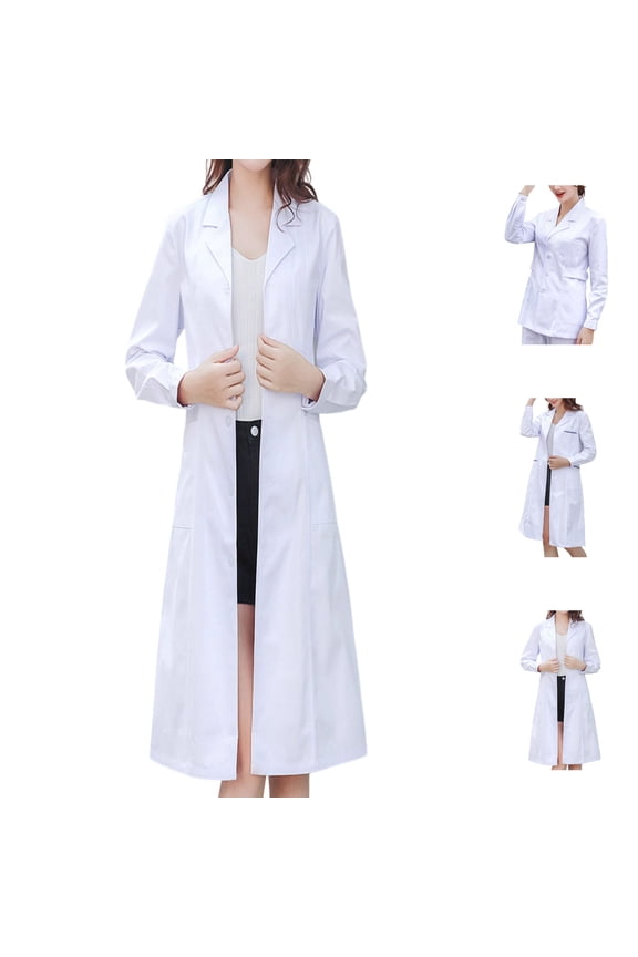Womens Long Sleeve Lab Coat Scrub Jacket Medical Uniform Multi Pocket Easy Care Lightweight Workwear White XL