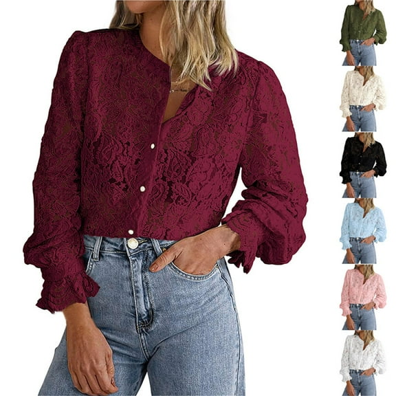 Womens Long Sleeve Lace Blouse Button Up Shirt Casual Fall Fashion Comfort Top