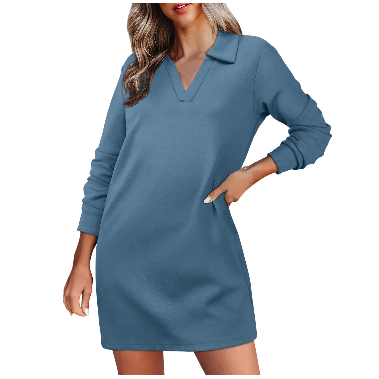 Womens Long Sleeve Lapel Collared V Neck Sweatshirt Dress Loose Fit