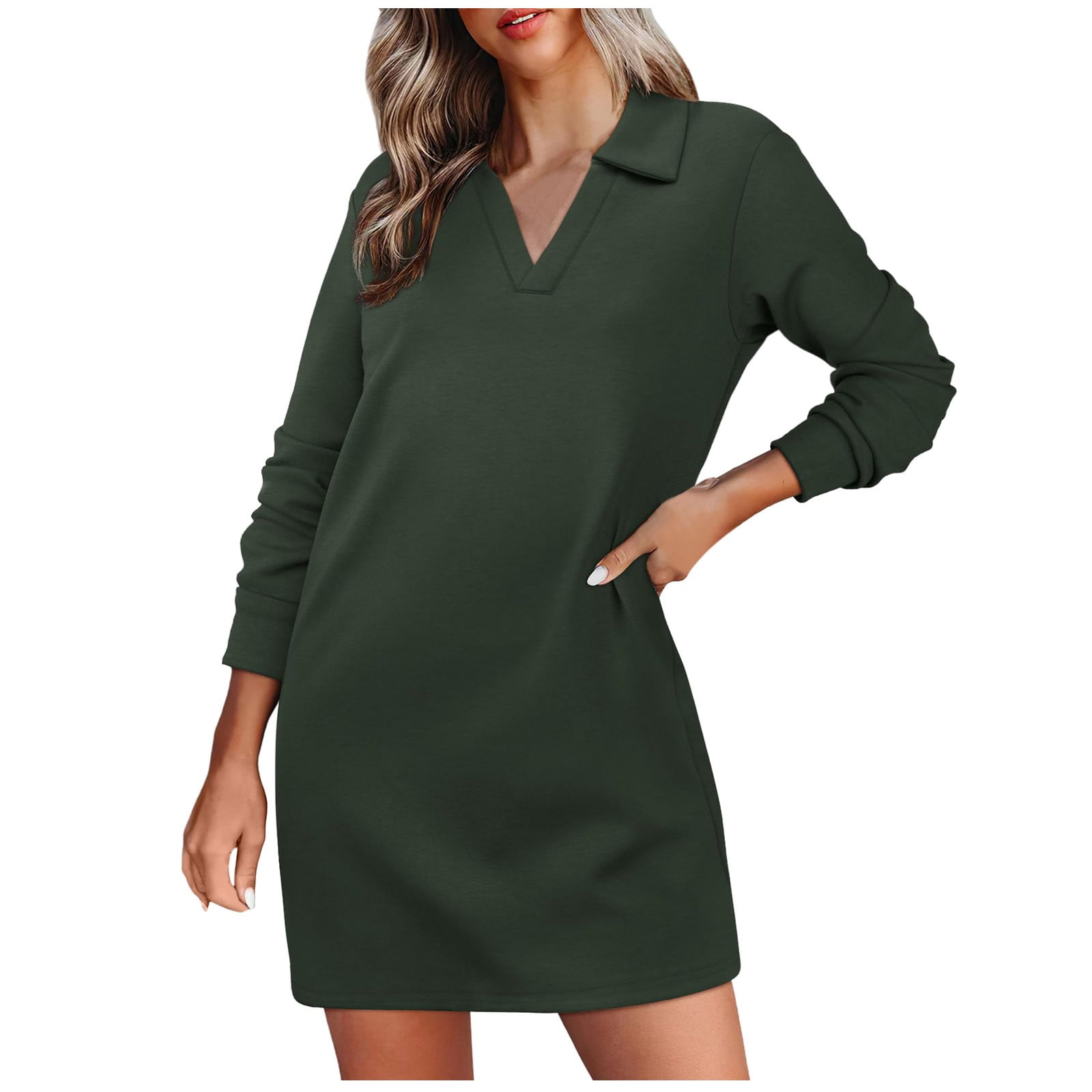 Womens Long Sleeve Lapel Collared V Neck Sweatshirt Dress Loose Fit