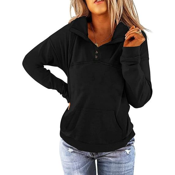 Womens Long Sleeve Lapel Shirt Plain Fall Tops Casual Pullover Button Up Sweatshirt With Pockets