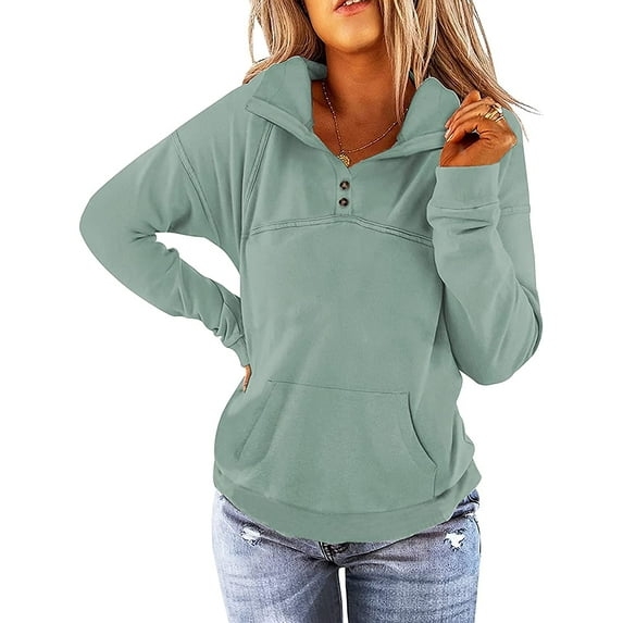 Womens Long Sleeve Lapel Shirt Plain Fall Tops Casual Pullover Button Up Sweatshirt With Pockets