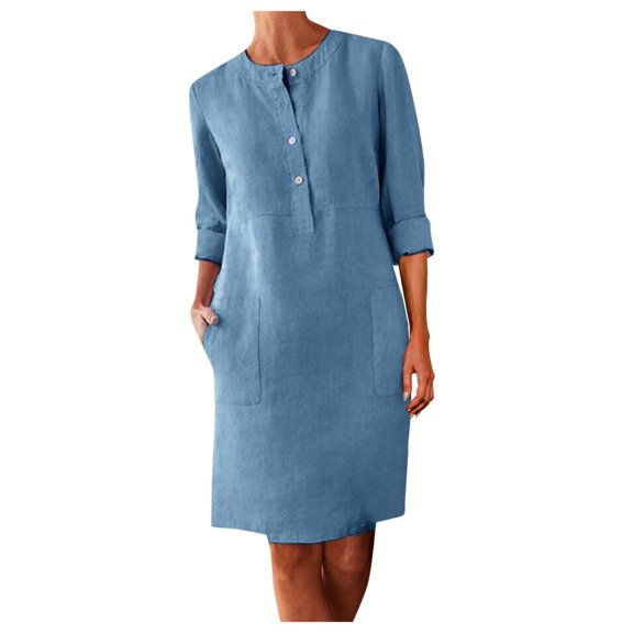 Womens Long Sleeve Linen Dress - Crew Neck, Button Closure, Side Pockets, Versatile for Office and Holiday