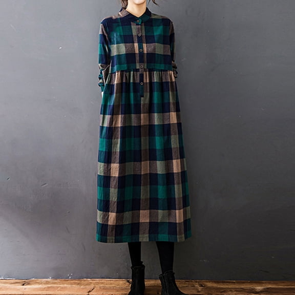 Womens Long Sleeve Linen Dresses Maxi Dress Casual V Neck Button Down Flowy Shirt Dress Green L