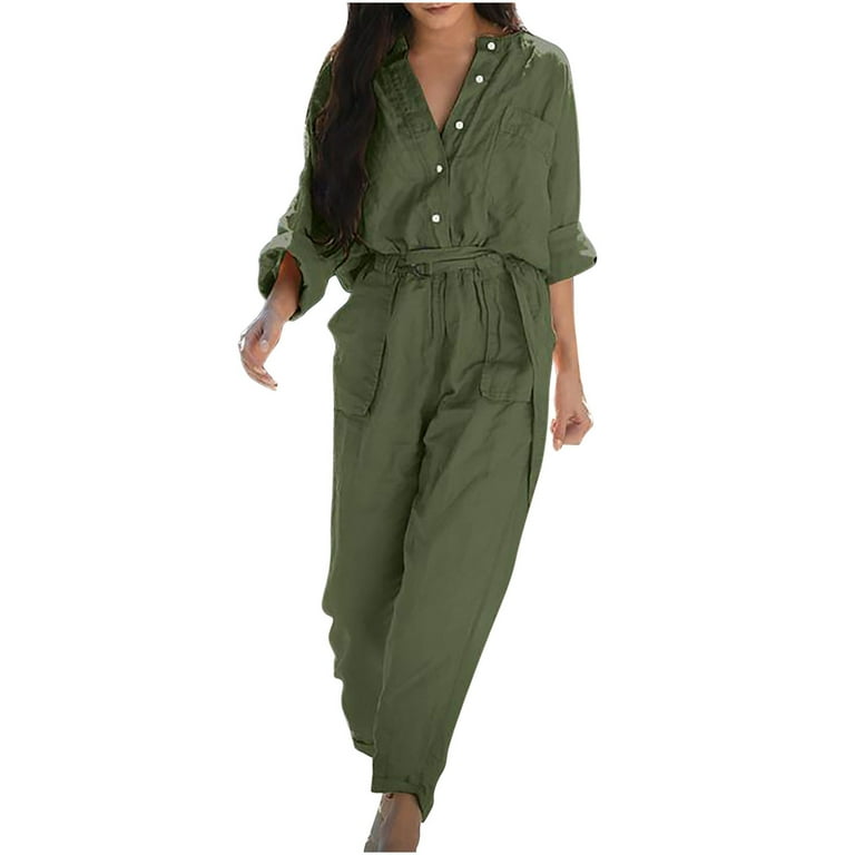 Women Cargo Buttons Belted Jumpsuits Ladies Casual Short Sleeve Romper  Playsuit~