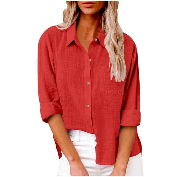 Womens Long Sleeve Linen Shirt Womens Cotton Button Down Shirt Casual Long Sleeve Loose Collared Linen Work Oversized Blouse Tops with Pocket