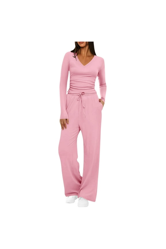 Womens Long Sleeve Loungewear Cotton 2 Piece Co Ord Set Cotton Tracksuit Sets V Neck Sweatshirt and Baggy Wide Leg Pockets Jogger Pant Suits Loose Casual Sweatsuits Yoga Gym Wear Pink M