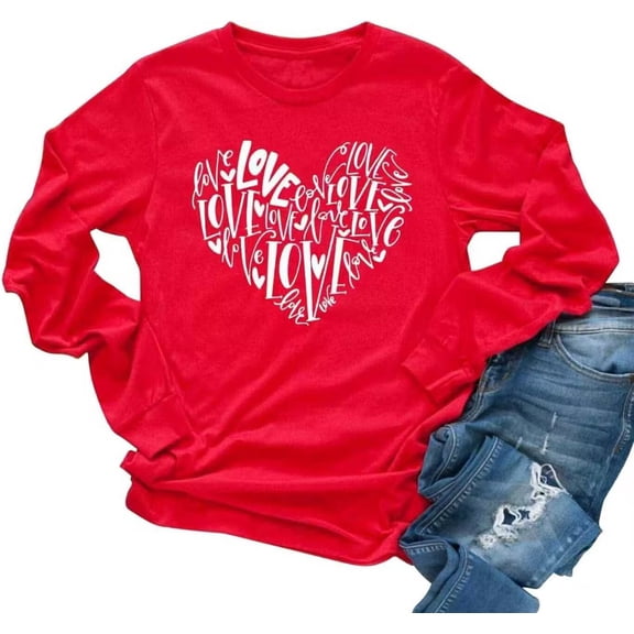 Womens Long Sleeve Love Heart T-Shirts Valentina's Day Shirts Graphic Tee Tops Tops