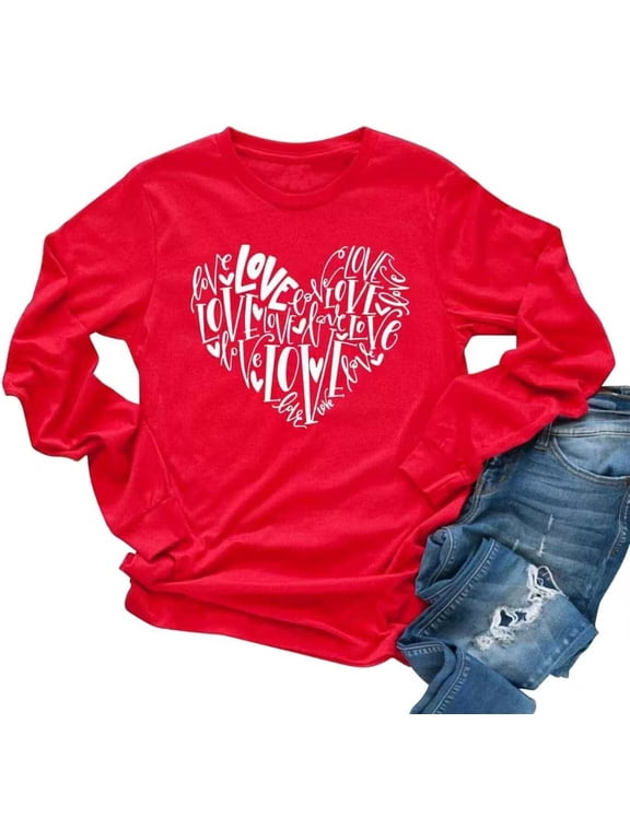 Womens Long Sleeve Love Heart T-Shirts Valentina's Day Shirts Graphic Tee Tops Tops