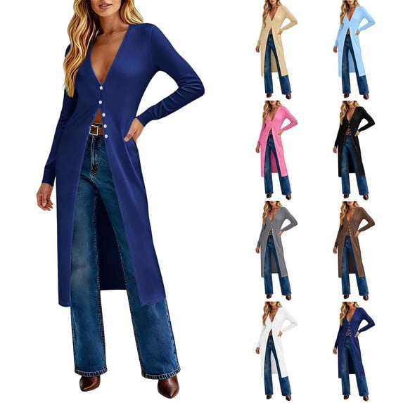 Womens Long Sleeve Maxi Cardigan Duster Open Front Button Down Knit Coat Lightweight Stretch Casual Longline Sweater Outerwear with Deep V Neck Soft Fabric Fall Spring Outfit