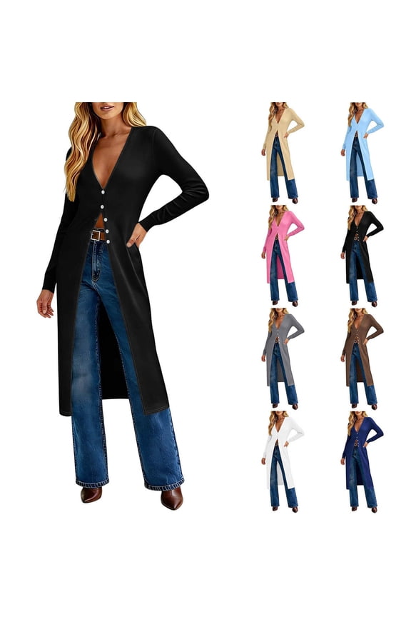 Womens Long Sleeve Maxi Cardigan Duster Open Front Button Down Knit Coat Lightweight Stretch Casual Longline Sweater Outerwear with Deep V Neck Soft Fabric Fall Spring Outfit