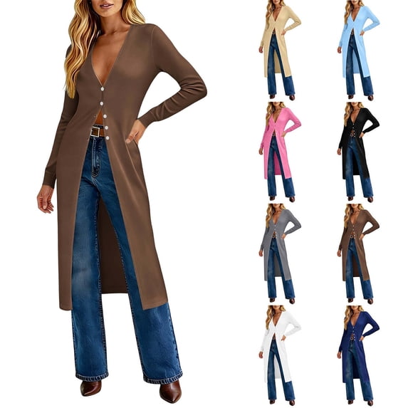 Womens Long Sleeve Maxi Cardigan Duster Open Front Button Down Knit Coat Lightweight Stretch Casual Longline Sweater Outerwear with Deep V Neck Soft Fabric Fall Spring Outfit