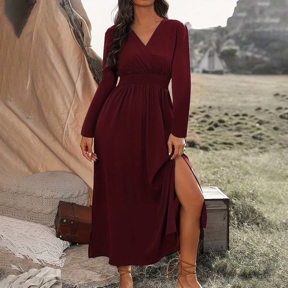Womens Long Sleeve Maxi Dress Wrap V-Neck Elastic Waist Dress Ruched Elegant Flowy Casual Long Dress Wine 5XL