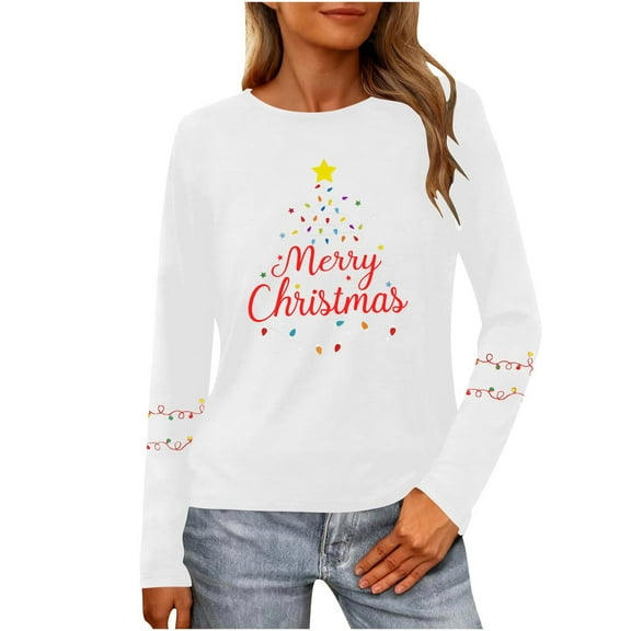 Womens Long Sleeve Merry Christmas T-Shirts Casual Merry and Graphic Tee Christmas Tree Tops