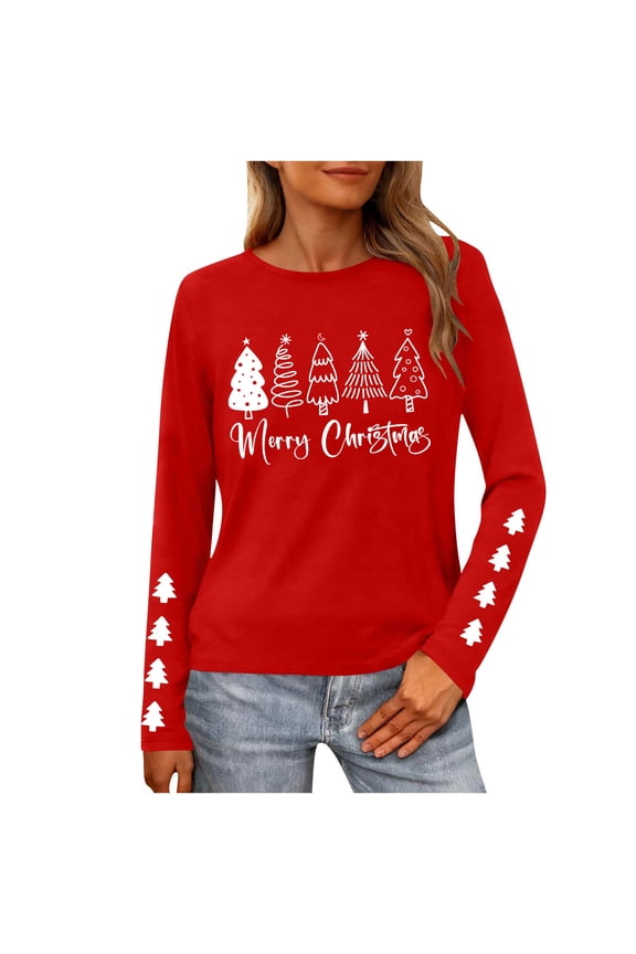 Womens Long Sleeve Merry Christmas T-Shirts Casual Merry and Graphic Tee Christmas Tree Tops