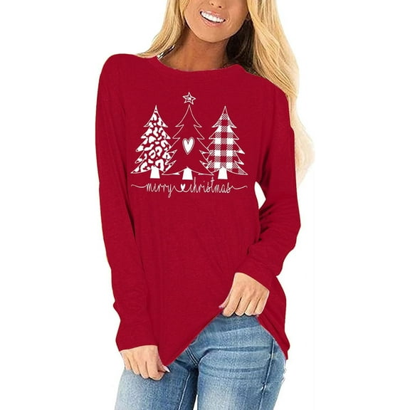 Womens Long Sleeve Merry Christmas T-Shirts Christmas Tree Bright Graphic Tee Tops (M,Red)