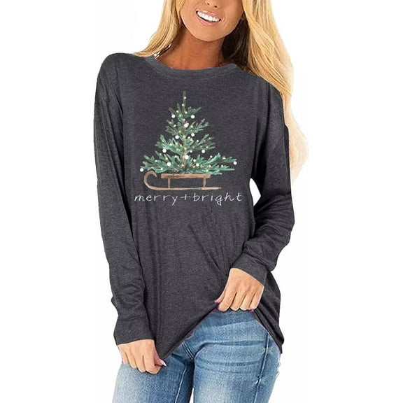 Womens Long Sleeve Merry Christmas T-Shirts Christmas Tree Bright Graphic Tee Tops Tops