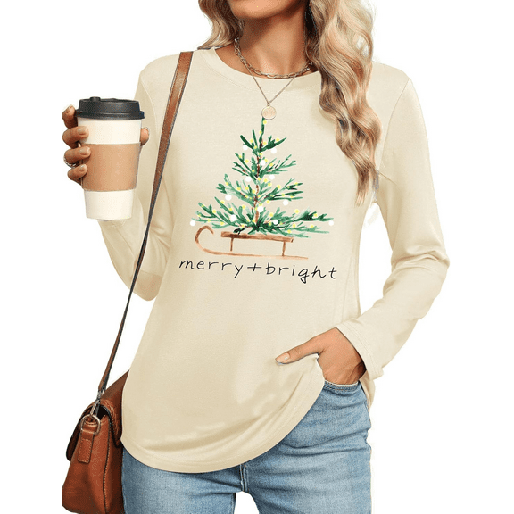 Womens Long Sleeve Merry Christmas T-Shirts Christmas Tree Bright Graphic Tee Tops Tops