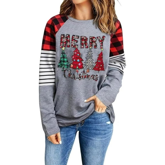 Womens Long Sleeve Merry Christmas T-Shirts Christmas Tree Bright Graphic Tee Tops Tops