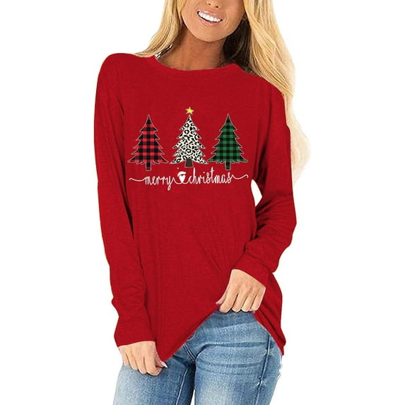 Womens Long Sleeve Merry Christmas T-Shirts Christmas Tree Bright Graphic Tee Tops Tops