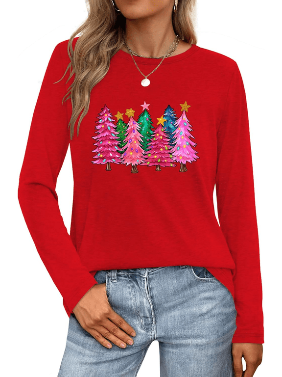 Womens Long Sleeve Merry Christmas T-Shirts Christmas Tree Bright Graphic Tee Tops Tops