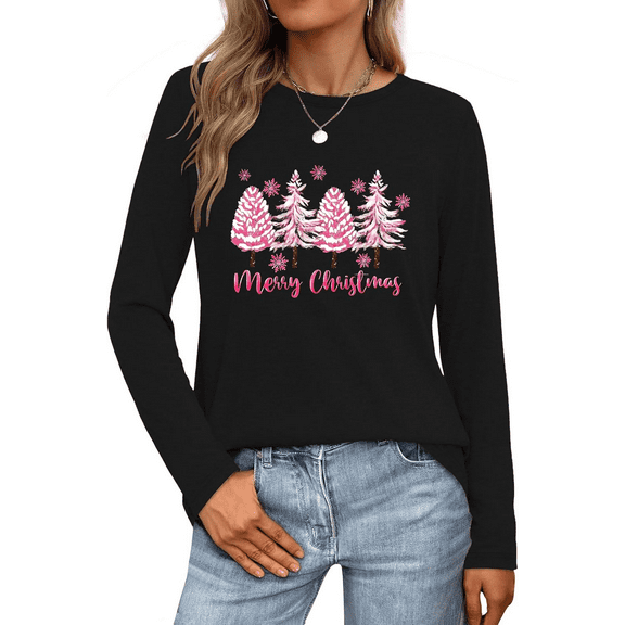 Womens Long Sleeve Merry Christmas T-Shirts Christmas Tree Bright Graphic Tee Tops Tops