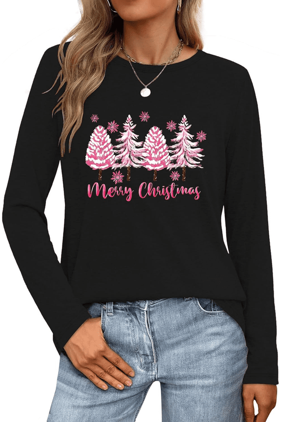 Womens Long Sleeve Merry Christmas T-Shirts Christmas Tree Bright Graphic Tee Tops Tops