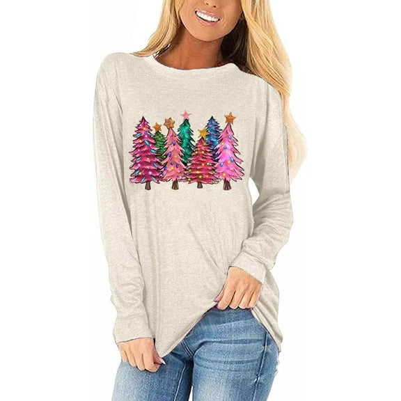 Womens Long Sleeve Merry Christmas T-Shirts Christmas Tree Bright Graphic Tee Tops Tops