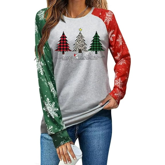 Womens Long Sleeve Merry Christmas T-Shirts Christmas Tree Bright Graphic Tee Tops Tops