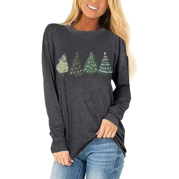 Womens Long Sleeve Merry Christmas T-Shirts Christmas Tree Bright Graphic Tee Tops (XL,Tree Gray)