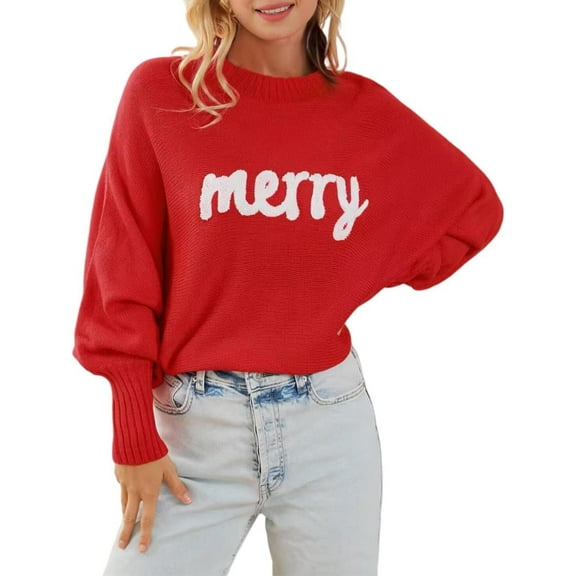 Womens Long Sleeve Merry Sweaters Christmas Batwing Sleeve Loose Fit Sweaters