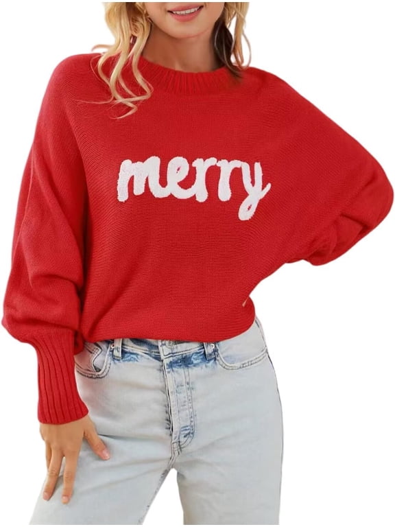 Womens Long Sleeve Merry Sweaters Christmas Batwing Sleeve Loose Fit Sweaters