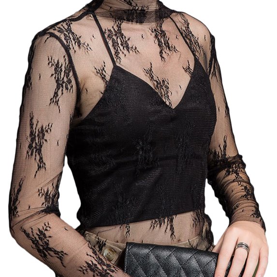 Womens Long Sleeve Mesh Layering Top Korean Elegant Embroidery Floral Lace Mock Neck Sheer See Through T-Shirts