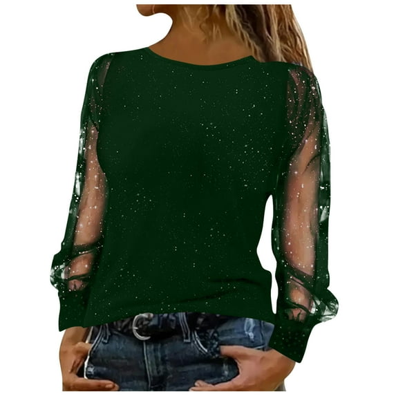 Womens Long Sleeve Mesh Shirts Crew Neck Sequin Blouses Dressy Going Out Fall Trendy Outfits