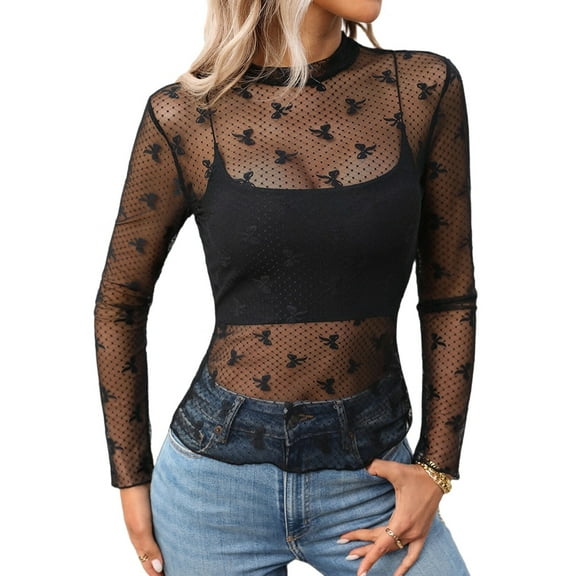 Womens Long Sleeve Mesh Top See Through Mock Neck Sheer Blouses Black Bow XL