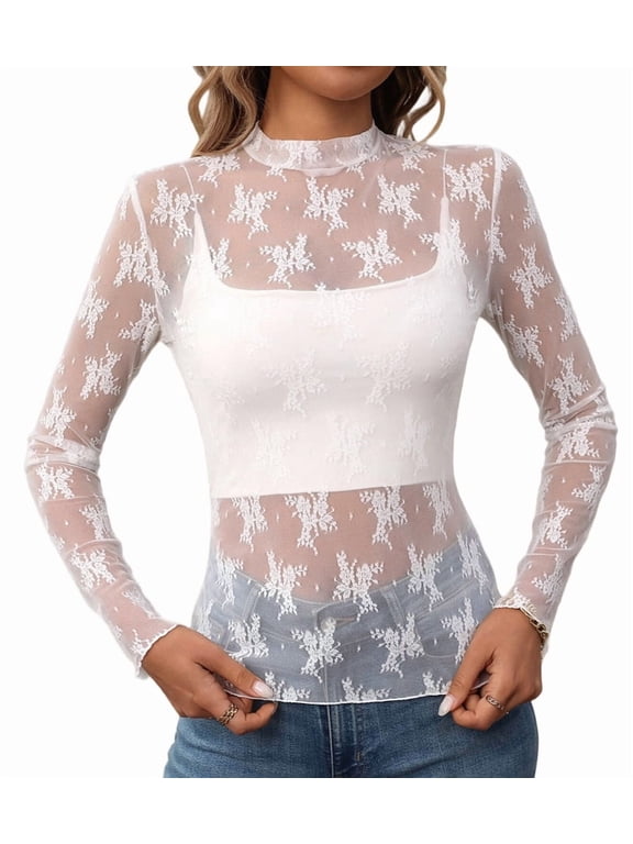Womens Long Sleeve Mesh Top See Through Mock Neck Sheer Blouses White Leaves XL