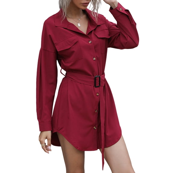Womens Long Sleeve Midi Long Shirt Dress Casual Solid Button Down Curved Bottom Dresses Tops with Belt Wine Red XL