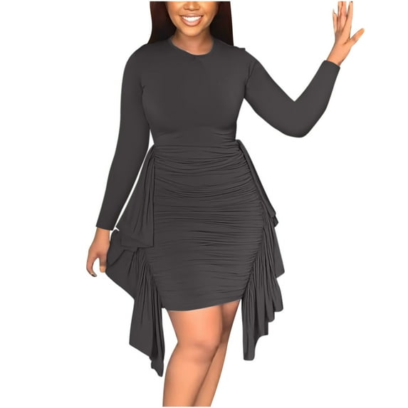 Womens Long Sleeve Mini Bodycon Dress Ruffle Ruched Crewnweck Slim Fit Short Dress Crewneck Party Club Dress