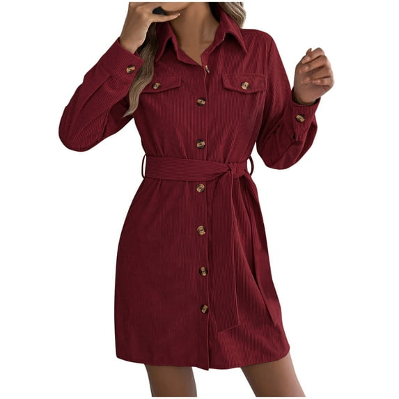 Womens Long Sleeve Mini Dress Corduroy Lapel Collar Tie High Waist Button Down Dresses Fall Casual Fashion Clothes S-XL