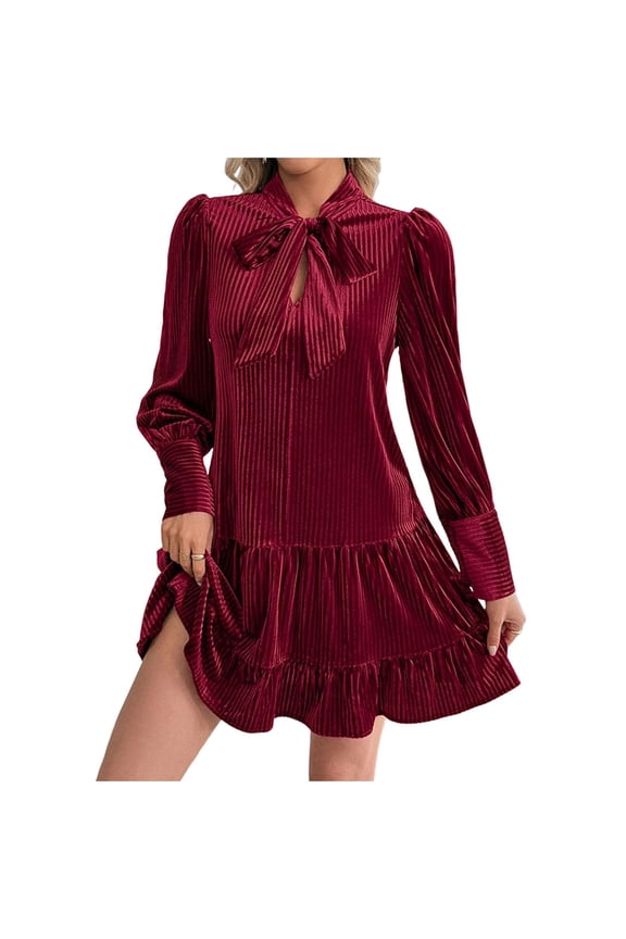 Womens Long Sleeve Mini Dresses Velvet Fashion Dress Cuffed V-Neck Knee Length Short Dress Solid Smocked Tiered Casual Dress Party Vacation Fall Winter Clothes