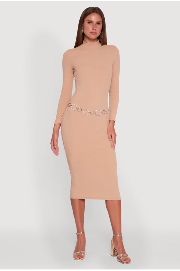 Womens Long Sleeve Mock Neck Midi Dress