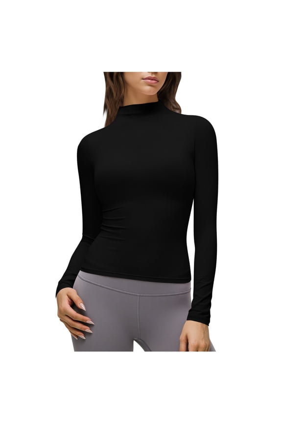 Womens Long Sleeve Mock Neck Top Slim Fit Stretch Workout Shirt Black Polyester Spandex for Yoga Office Casual,Size XL